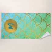 金ゴールドマーメイドはかりで測ティール(緑がかった色)グリッターパターンモノグラム ビーチタオル (正面)