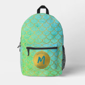 金ゴールドマーメイドはかりで測ティール（緑がかった色）グリッターパターンモノグラム プリントバックパック (正面)