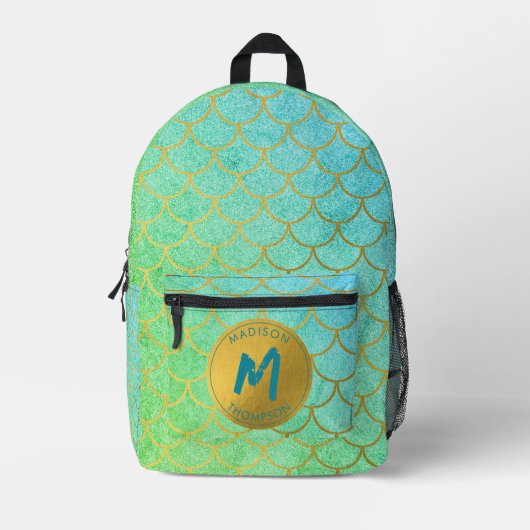 金ゴールドマーメイドはかりで測ティール（緑がかった色）グリッターパターンモノグラム プリントバックパック (正面)