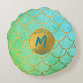 金ゴールドマーメイドはかりで測ティール（緑がかった色）グリッターパターンモノグラム ラウンドクッション (裏面)