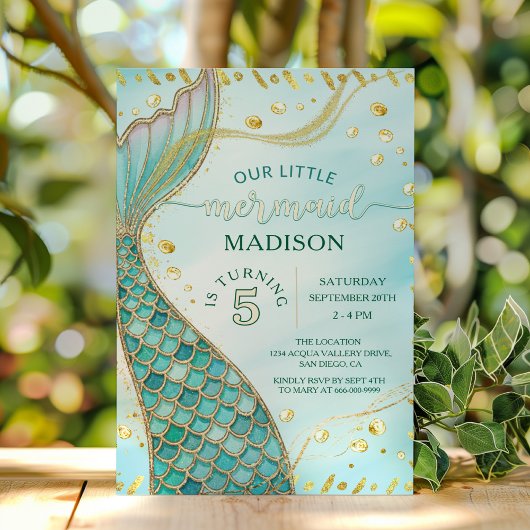 金ゴールドマーメイドザシーガールバースデーパーティー 招待状
