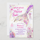 金ゴールドマーメイドテールピンクパープル1st誕生日パーティー 招待状 (正面)
