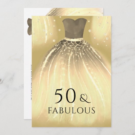 金ゴールドマーメイドドレス50と素晴らしい50誕生日 招待状 (正面/裏面)