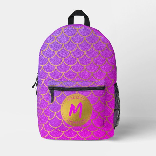 金ゴールドマーメイドピはかりで測ンクグリッターパターンモノグラム プリントバックパック (正面)