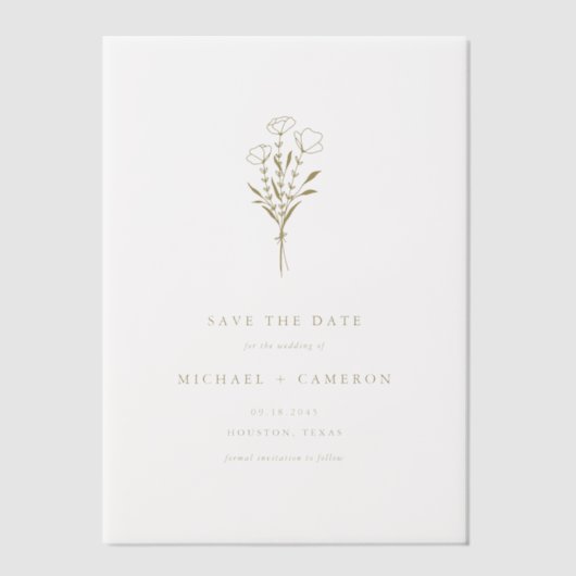 金ゴールドミニマリストBotanical Save the Date ベラム紙招待状 (正面)