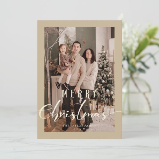 金ゴールドミニマルかわいいクリスマスフォトファミリー シーズンカード (スタンド正面)