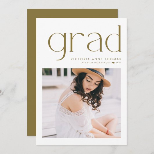 金ゴールドミニマルタイポグラフィ写真卒業 案内状 (正面/裏面)