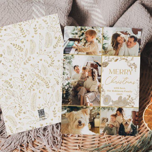 金ゴールドミニマルフローラリースフォトクリスマスカード シーズンカード