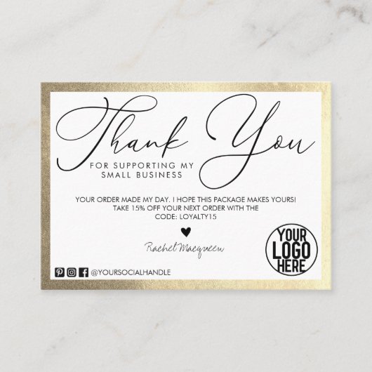 金ゴールドミニマルホワイトブラックスクリプトお客様ありがとうございます 名刺 (正面)