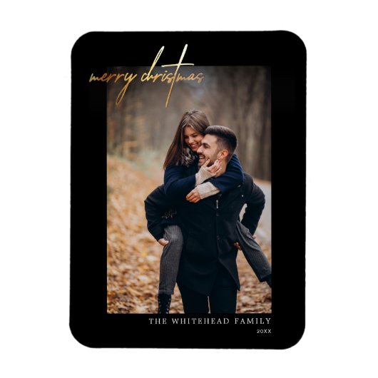 金ゴールドミニマルメリークリスマスカードブラック マグネット (縦)