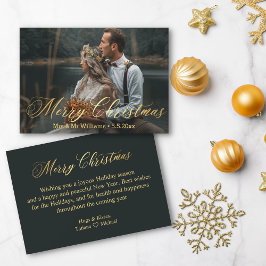 金ゴールドミニマルメリークリスマスmr&mrs photo結婚 ノートカード