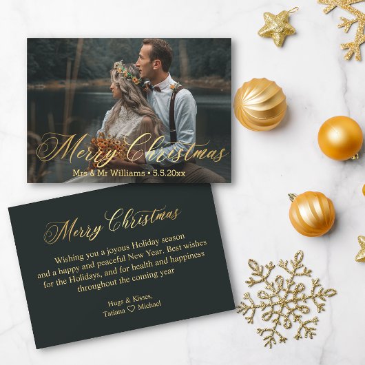 金ゴールドミニマルメリークリスマスmr&mrs photo結婚 ノートカード