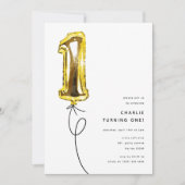 金ゴールドミニマル1バルーン1st誕生日パーティー 招待状 (正面)