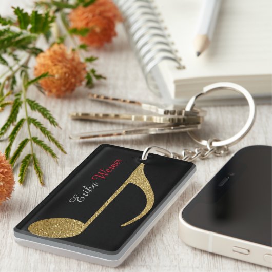 金ゴールドミュージカルノート(名前とイニシャルは黒) キーホルダー (正面右)