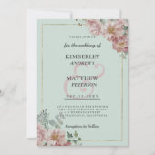 金ゴールドミントグリーンピンクの水色フローラ結婚 招待状 (正面)