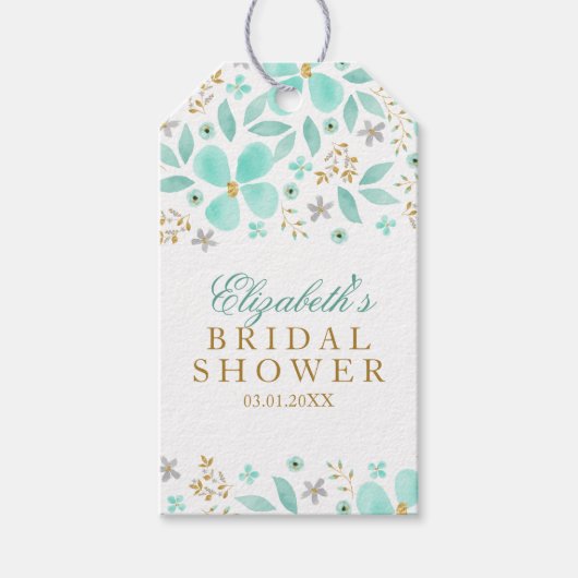 金ゴールドミントフローラリーフブライダルシャワーギフトラベル ギフトタグ (正面)