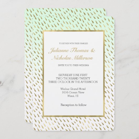 金ゴールドミントホワグラデーションイト結婚抽象芸術 招待状 (正面/裏面)