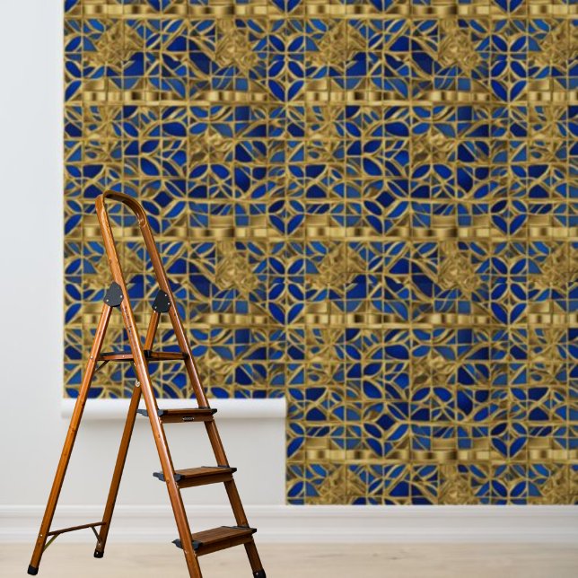 金ゴールドムシャックタイル模様ピールスティック 壁紙 (Gold Blue Mosiac Tiles Pattern Peel Stick Wallpaper)