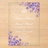 金ゴールドムスリム紫色の紫色のラベンダーラベンダー結婚ズ アクリル招待状 (正面)