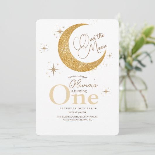 金ゴールドムーンアンドスターズ宇宙1st誕生日パーティー 招待状 (スタンド正面)