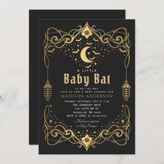 金ゴールドムーンゴシックベビーこうもりランタンベビーシャワー 招待状 (正面/裏面)