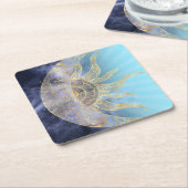 金ゴールドムーンサンマンダラシナルデザイン スクエアペーパーコースター (アングル)