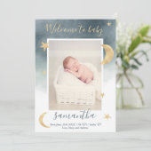 金ゴールドムーンスターズ青い水の色の写真ベビー誕生 案内状 (スタンド正面)