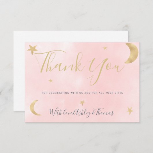 金ゴールドムーンスターピンクの写真あなた感謝していの赤ちゃんシャワー サンキューカード (正面/裏面)