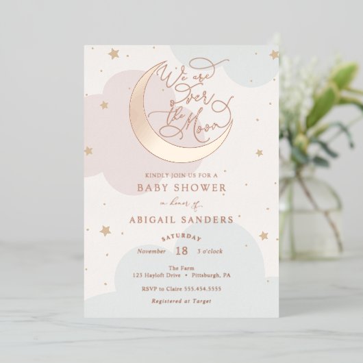 金ゴールドムーンピンクと青の赤ちゃんシャワー 箔招待状 (立ち正面)