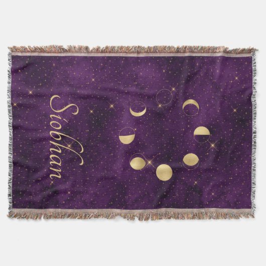 金ゴールドムーンフェイズパープルスターズパーソナライズされた スローブランケット (正面)