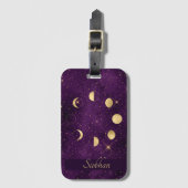金ゴールドムーンフェイズパープルスターズパーソナライズされた ラゲッジタグ (正面縦)