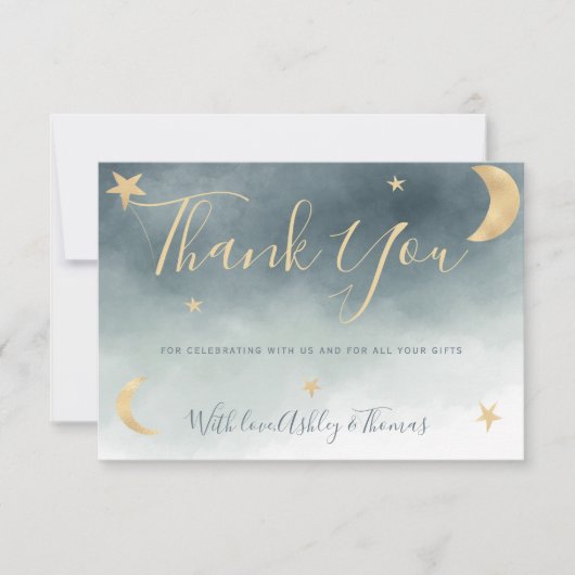 金ゴールドムーン星青い写真あなた感謝していの赤ちゃんシャワー サンキューカード (正面)
