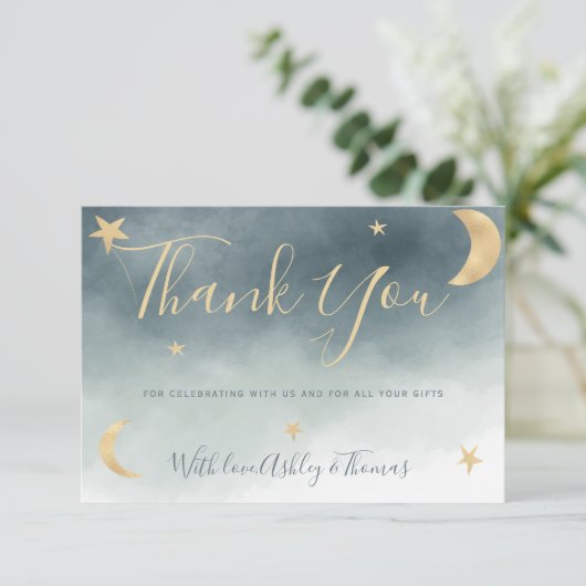 金ゴールドムーン星青い写真あなた感謝していの赤ちゃんシャワー サンキューカード (スタンド正面)