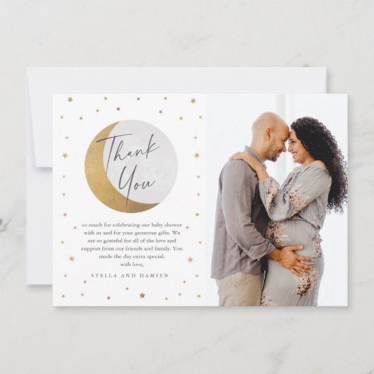 金ゴールドムーン&スターズフォトベビーシャワーサンキューカード サンキューカード (正面)