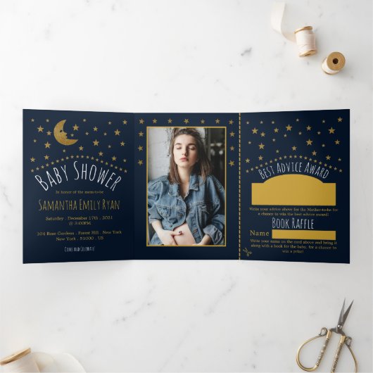 金ゴールドムーン&スターズミッドナイトブルーベビーシャワースイート 三つ折り招待状 (内部)