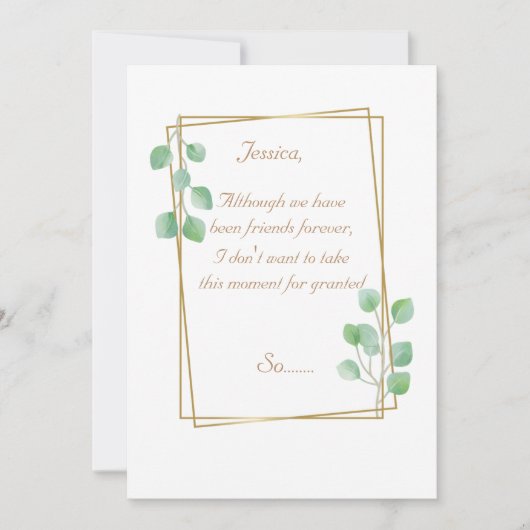 金ゴールドメイド・オブ・オーナー(花嫁付き添い人)又は花嫁プロポーザル・カード 招待状 (正面)