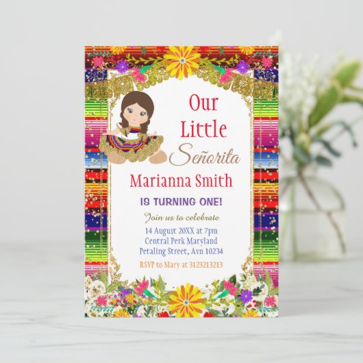 金ゴールドメカラフルキシコフローラガールフィエスタ誕生日  招待状 (スタンド正面)