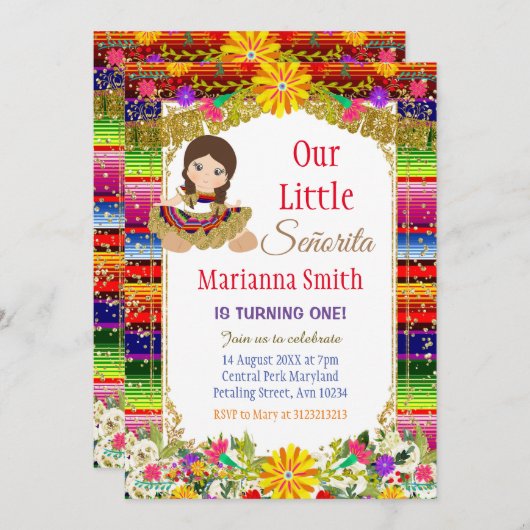金ゴールドメカラフルキシコフローラガールフィエスタ誕生日  招待状 (正面/裏面)