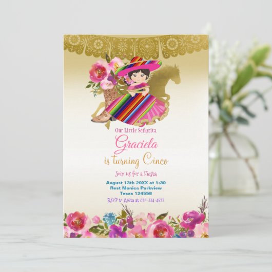 金ゴールドメキシコフラワーズフィエスタ誕生日ガール   招待状 (スタンド正面)