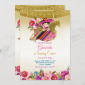 金ゴールドメキシコフラワーズフィエスタ誕生日ガール   招待状 (正面/裏面)