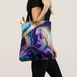 金ゴールドメタリックのアクセントはティール（緑がかった色）と紫の渦巻き トートバッグ