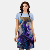 金ゴールドメタリックのアクセントティール（緑がかった色）と紫の渦巻き エプロン (着用した状態)