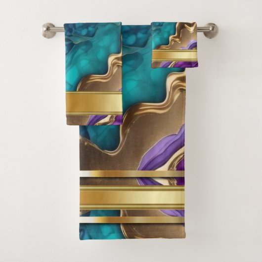 金ゴールドメタリックのアクセントティール(緑がかった色)と紫の渦巻き バスタオルセット (インサイチュ)