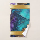 金ゴールドメタリックのアクセントティール(緑がかった色)と紫の渦巻き バスタオルセット (ハンドタオル)