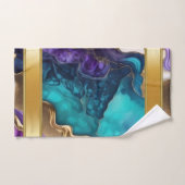 金ゴールドメタリックのアクセントティール(緑がかった色)と紫の渦巻き バスタオルセット (ハンドタオル)