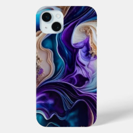 金ゴールドメタリックのアクセントティール（緑がかった色）と紫の渦巻き iPhone 15 MINIケース