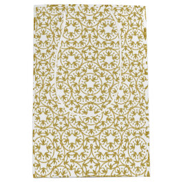 金ゴールドメタリッククリスマススターイエローパターン ミディアムペーパーバッグ