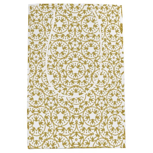 金ゴールドメタリッククリスマススターイエローパターン ミディアムペーパーバッグ (正面)