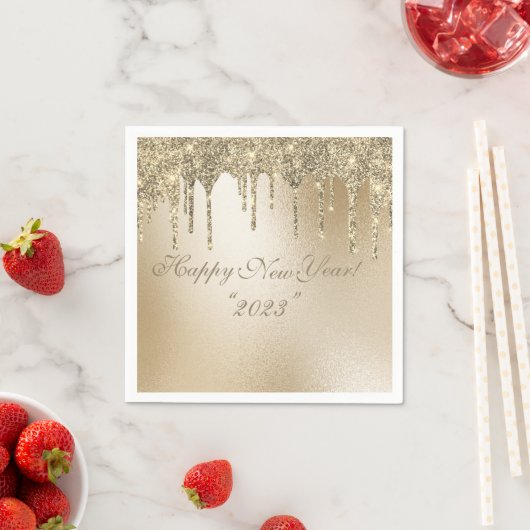 金ゴールドメタリックグリッターエレガントドリップハッピーニューイヤー スタンダードカクテルナプキン (インサイチュ)