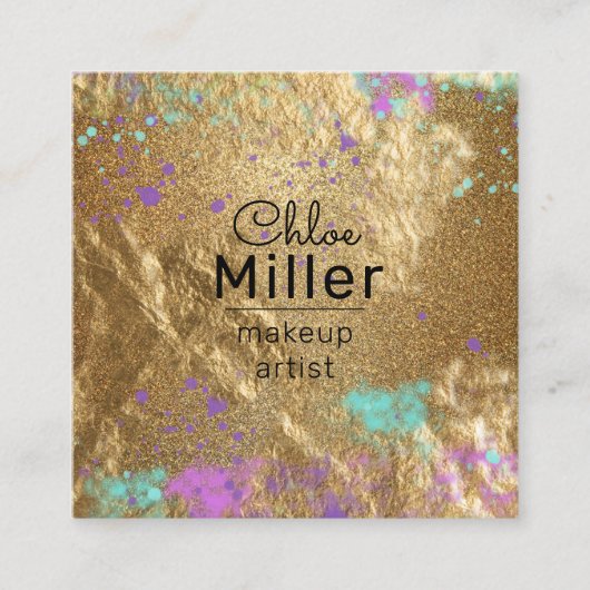 金ゴールドメタリックグリッター絵を描（ばちゃばちゃ）跳ねるメイクアップアーティスト スクエア名刺 (正面)